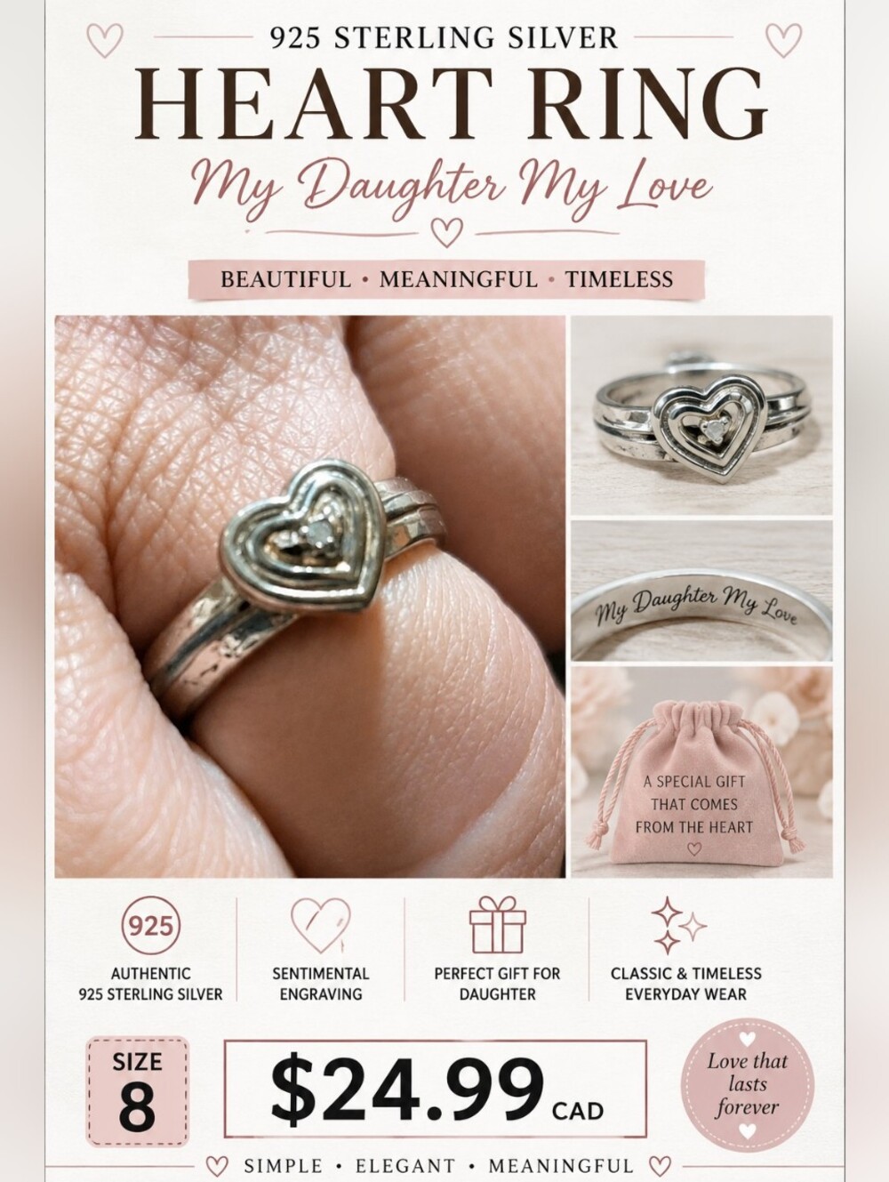 925 Sterling Silver Heart Ring Size 8 Engraved My Daughter My Love Gift Ring
